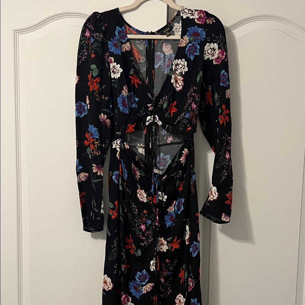 AFRM Midori Floral Cinched Front Long Sleeve Midi Dress Size Small